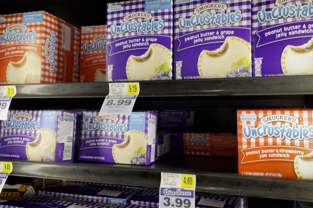 Uncrustables on a grocery store shelf