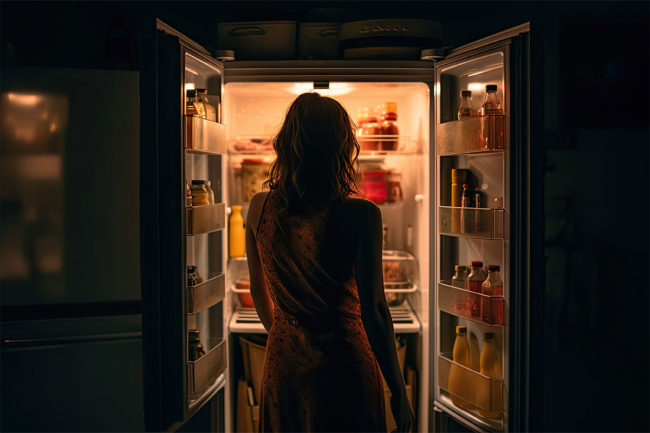 Woman standing in front of open fridge