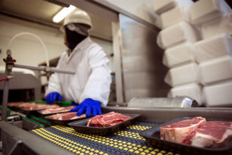 Workers at a meat plant